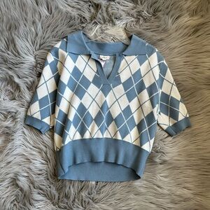 debut Light Blue and Cream Argyle Collared Knit Top
